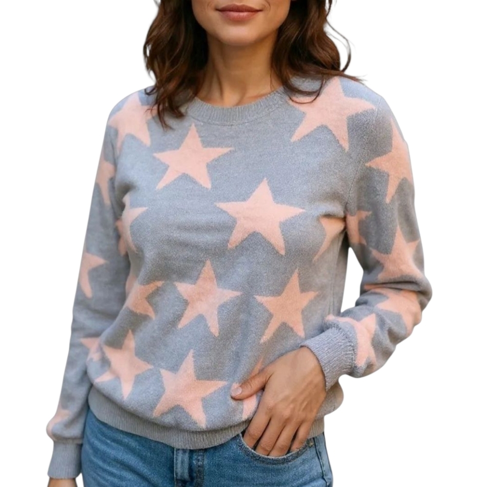 Macaron Womens Star Sweater Gray Pink Fuzzy Celestial Crew Neck Small 053 bin